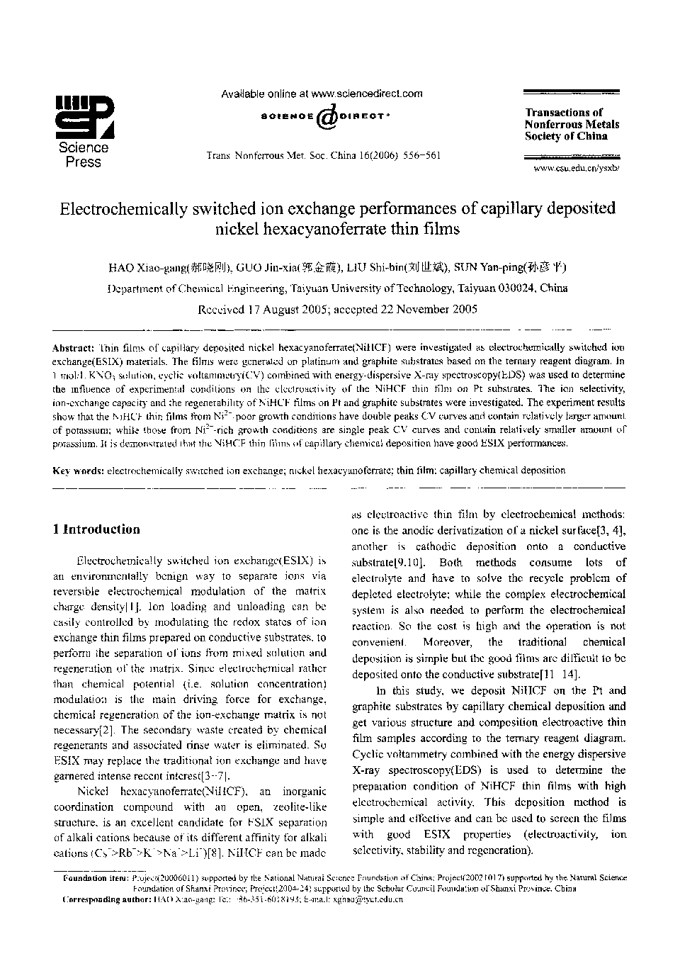 Electrochemically switched ion exchange performances of capillary deposited nickel hexacyanoferrate thin films