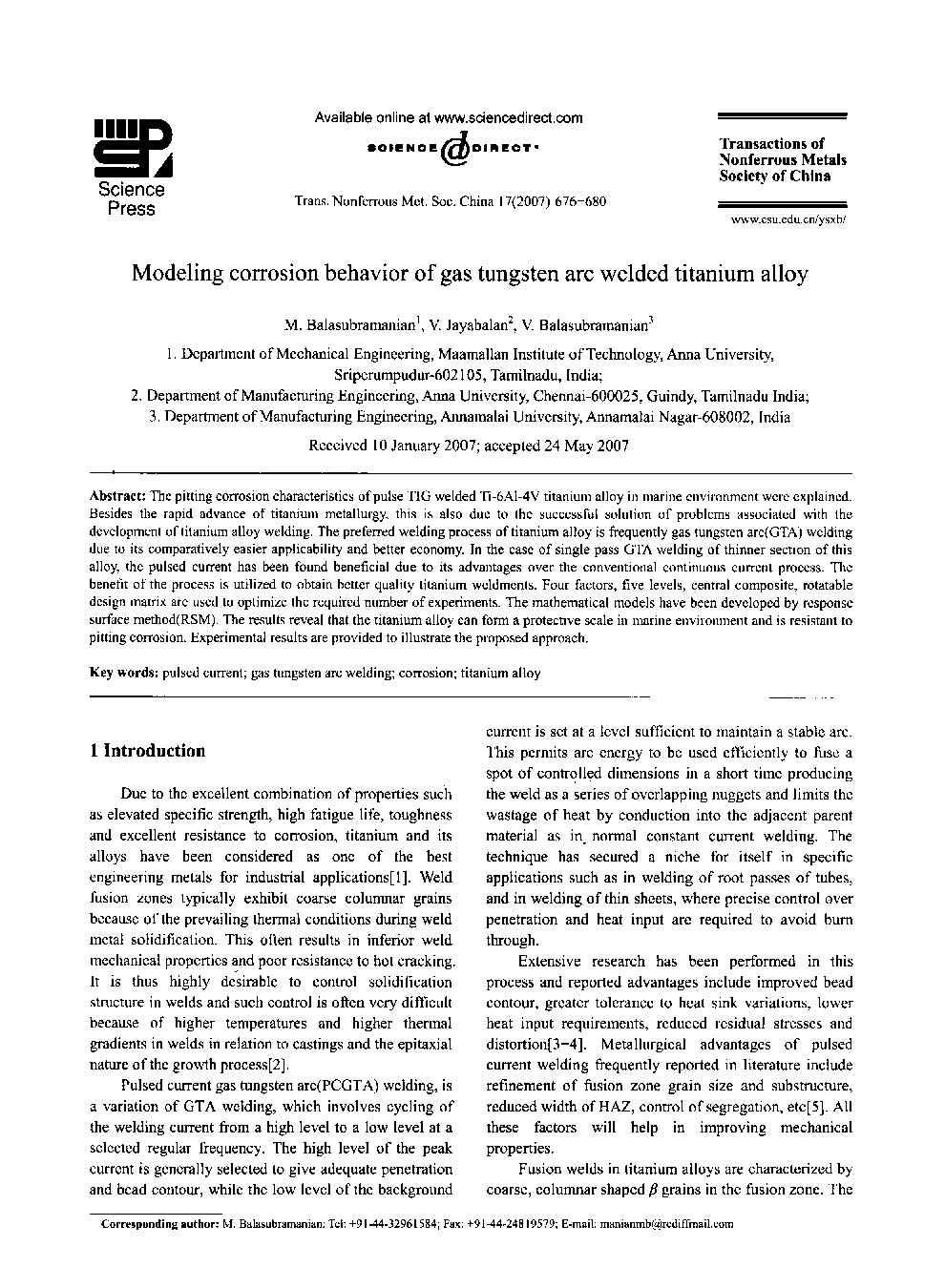 Modeling corrosion behavior of gas tungsten arc welded titanium alloy