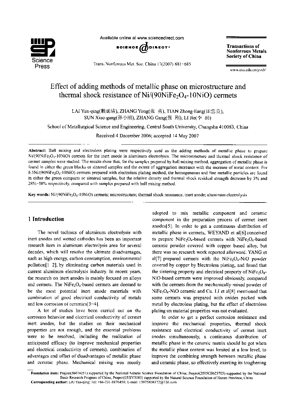 Effect of adding methods of metallic phase on microstructure and thermal shock resistance of Ni/(90NiFe2O4-10NiO)cermets 