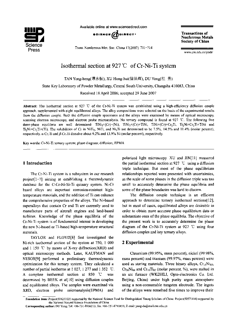 Isothermal section at 927 Â°C of Cr-Ni-Ti system