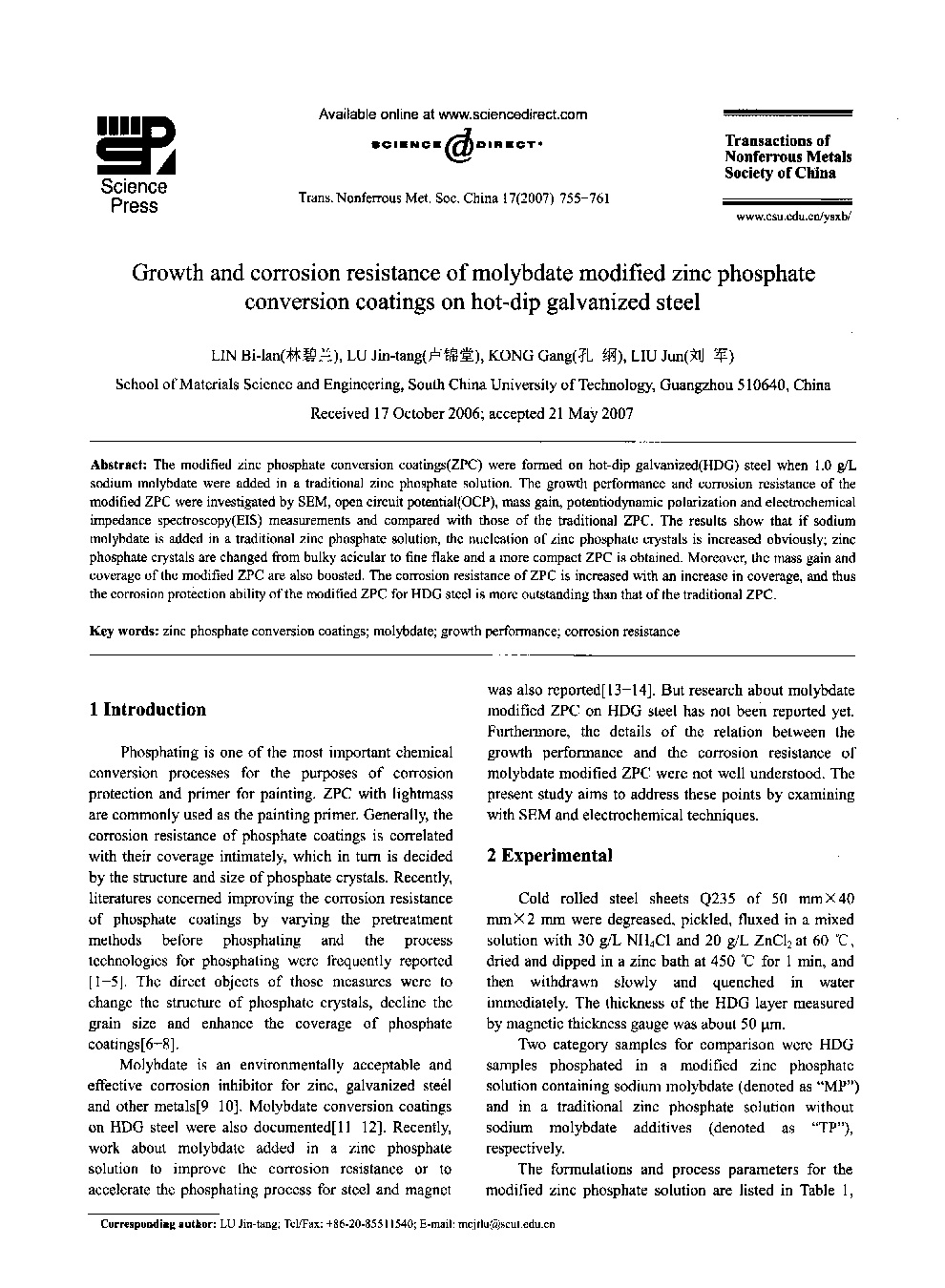 Growth and corrosion resistance of molybdate modified zinc phosphate conversion coatings on hot-dip galvanized steel