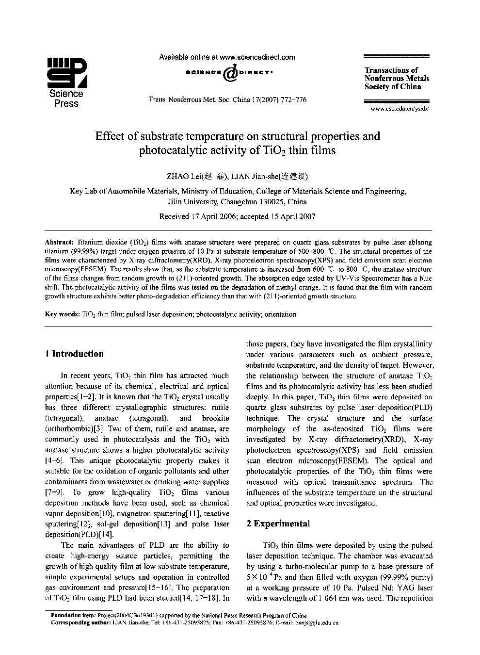Effect of substrate temperature on structural properties and photocatalytic activity of TiO2 thin films 