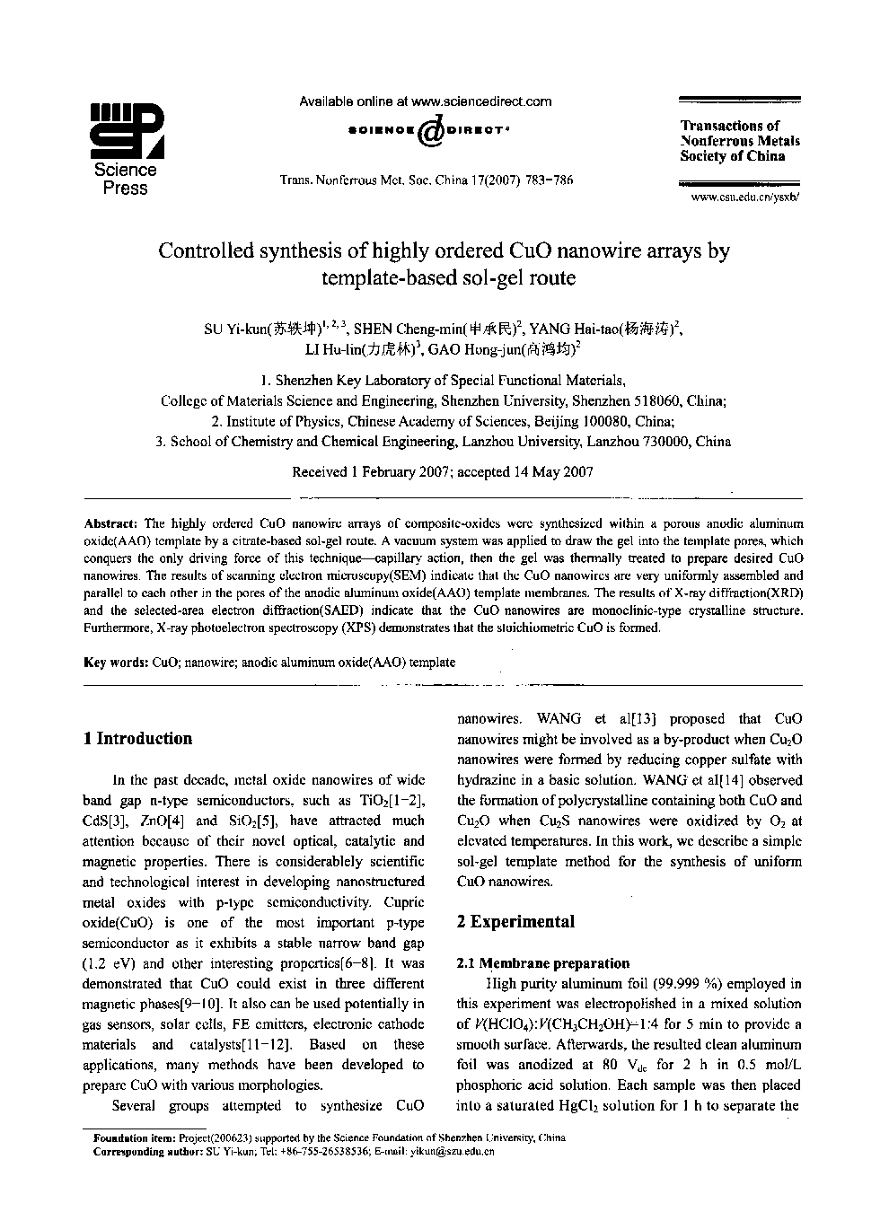 Controlled synthesis of highly ordered CuO nanowire arrays by template-based sol-gel route 
