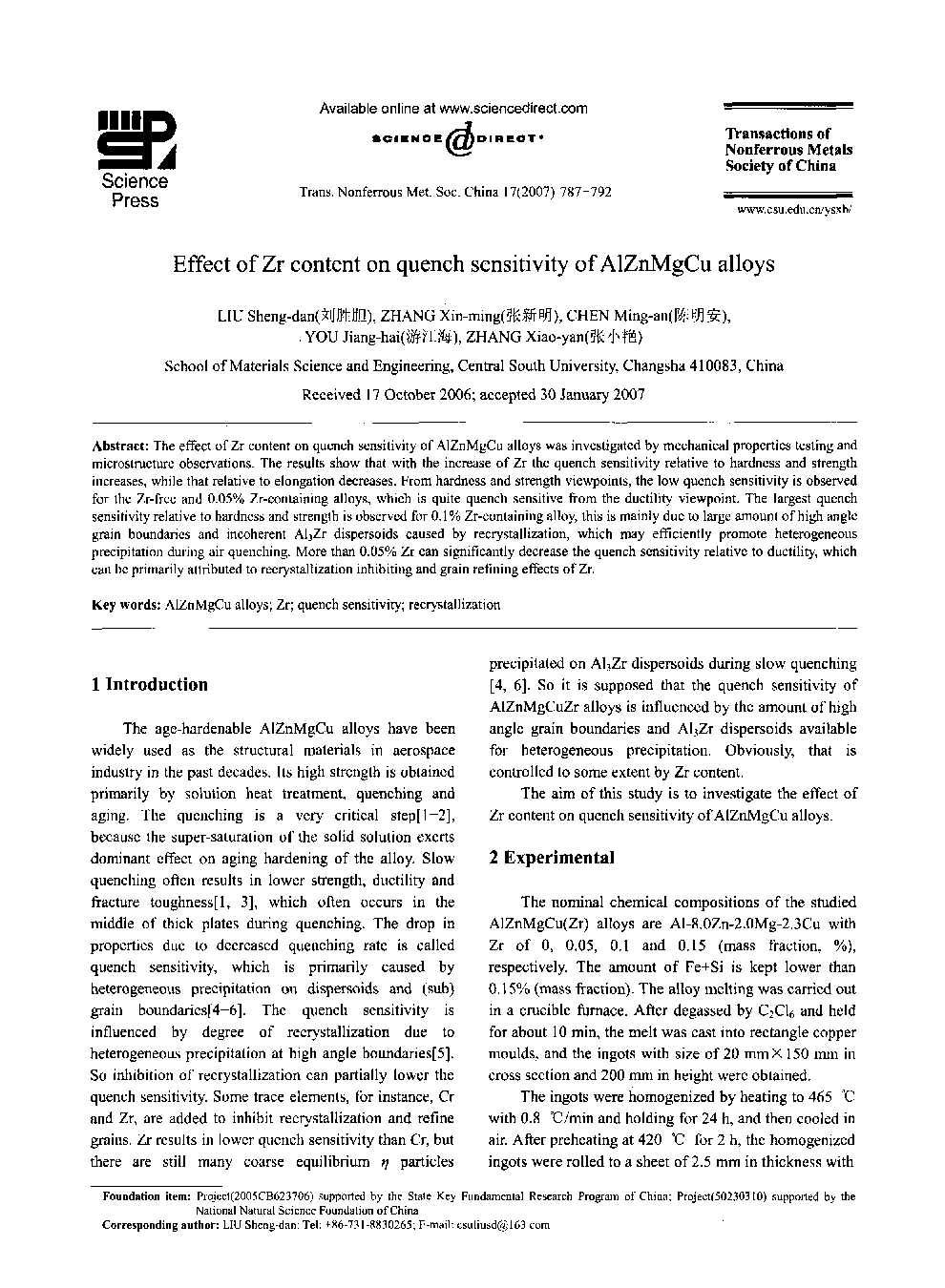 Effect of Zr content on quench sensitivity of AIZnMgCu alloys 