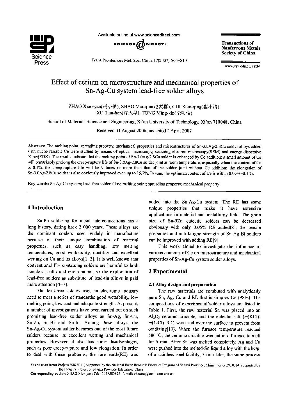 Effect of cerium on microstructure and mechanical properties of Sn-Ag-Cu system lead-free solder alloys 