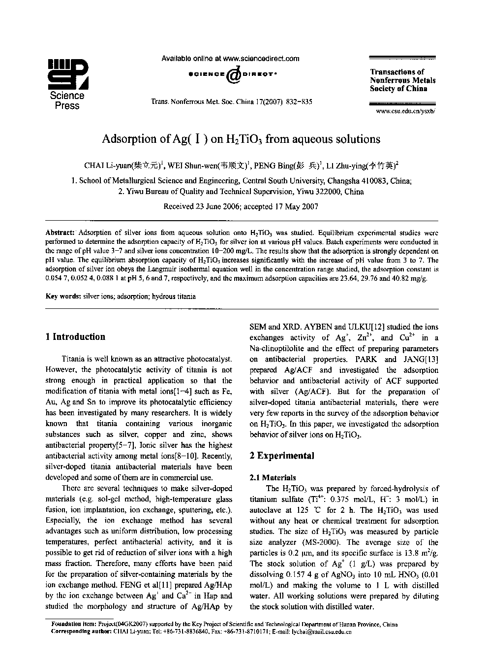Adsorption of Ag(I) on H2TiO3 from aqueous solutions 