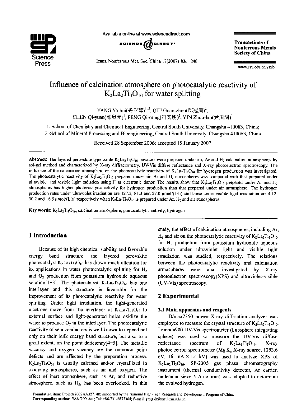 Influence of calcination atmosphere on photocatalytic reactivity of K2La2Ti3O10 for water splitting 