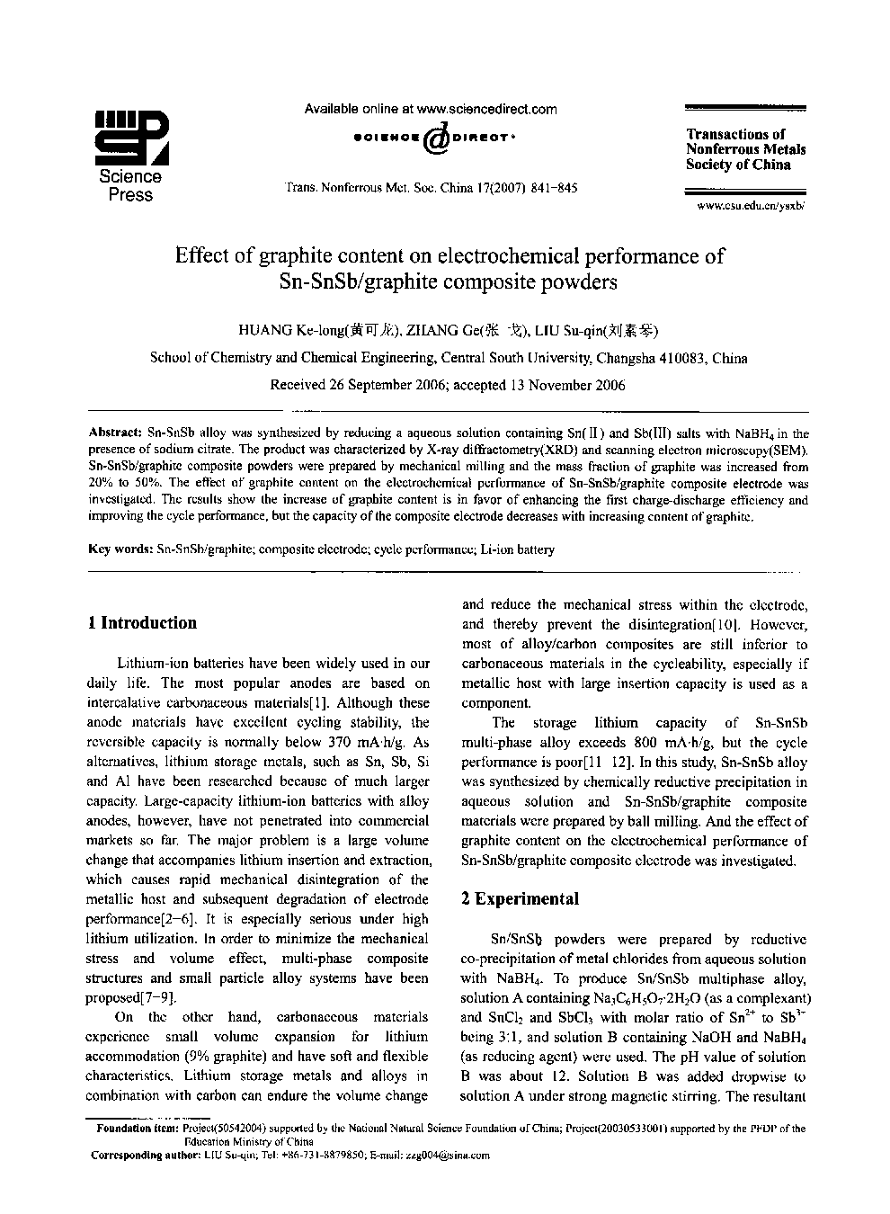 Effect of graphite content on electrochemical performance of Sn-SnSb/graphite composite powders 