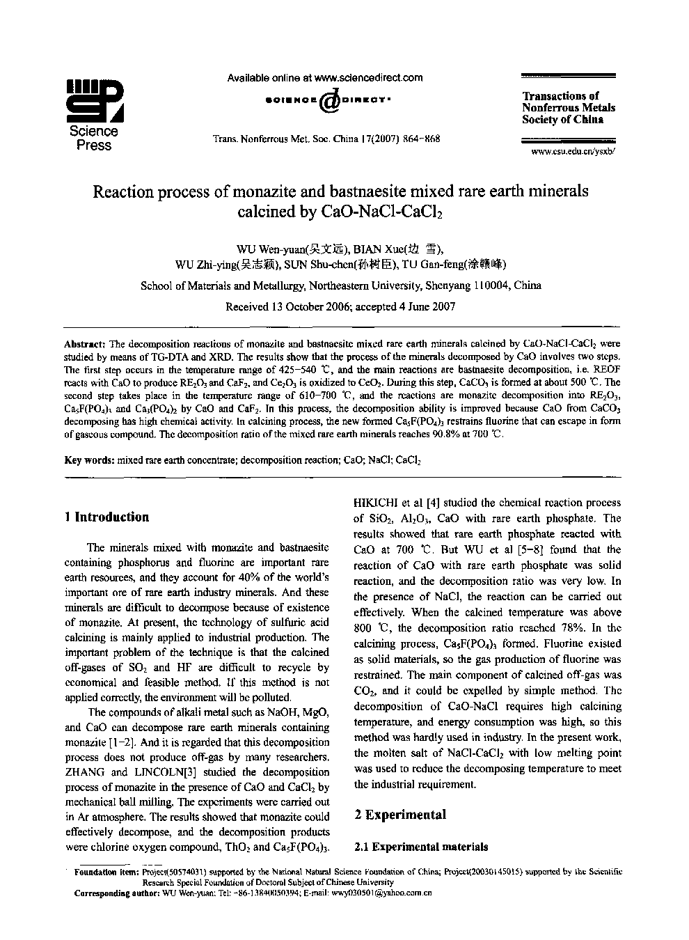 Reaction process of monazite and bastnaesite mixed rare earth minerals calcined by CaO-NaCl-CaCl2