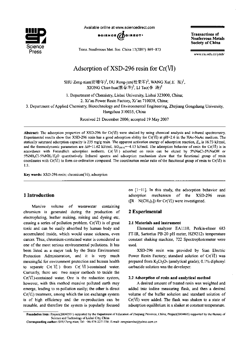 Adsorption of XSD-296 resin for Cr(VI) 