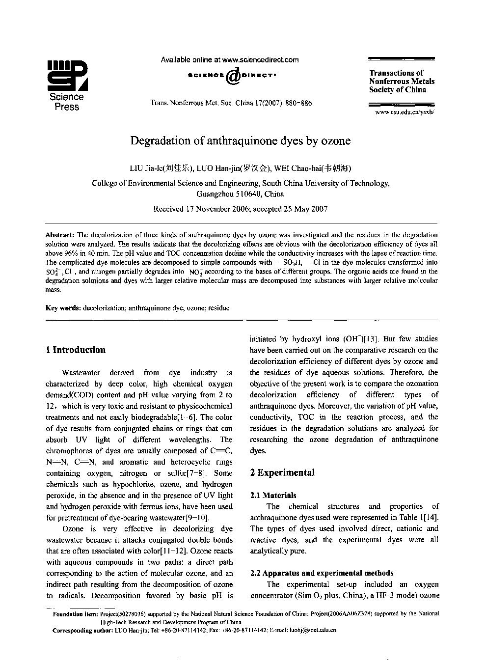 Degradation of anthraquinone dyes by ozone 