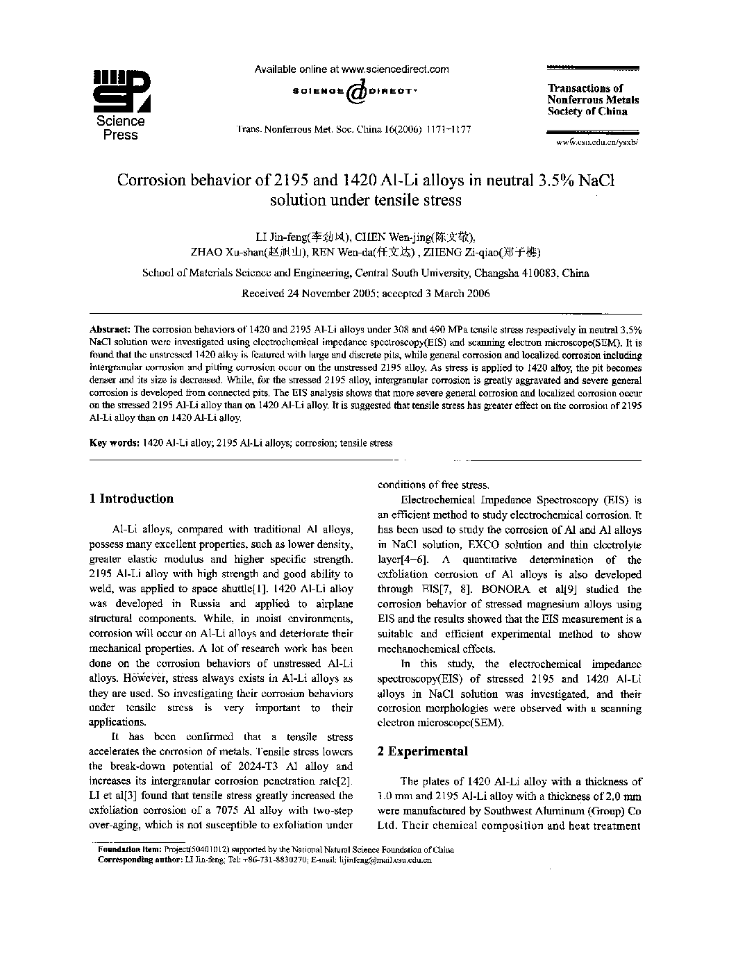 Corrosion behavior of 2195 and 1420 Al-Li alloys in neutral 3.5% NaCl solution under tensile stress 