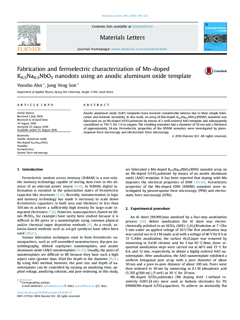 Fabrication and ferroelectric characterization of Mn-doped K0.5Na0.5NbO3 nanodots using an anodic aluminum oxide template