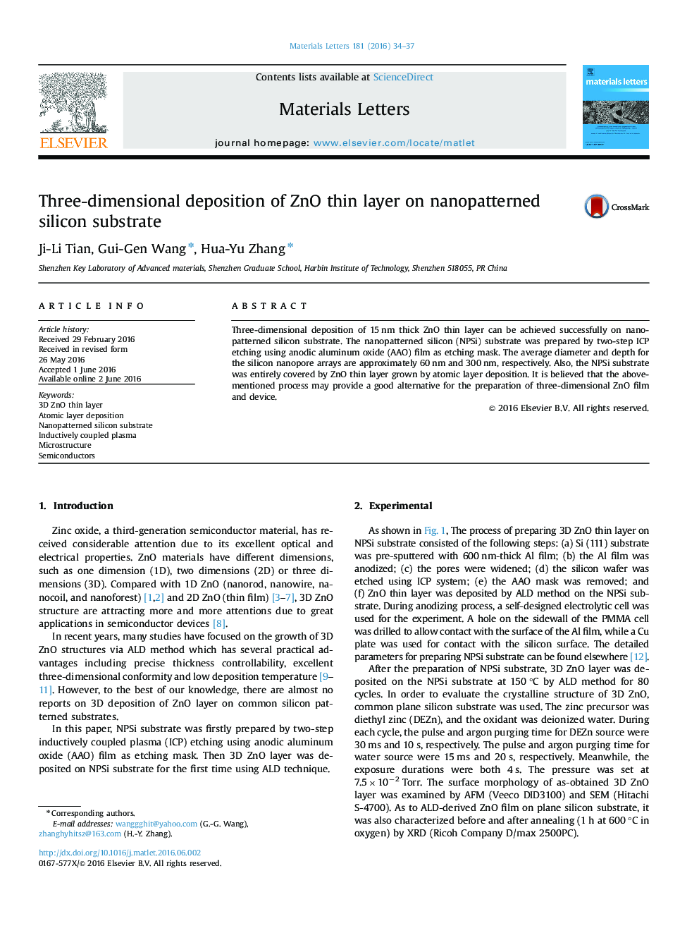 Three-dimensional deposition of ZnO thin layer on nanopatterned silicon substrate