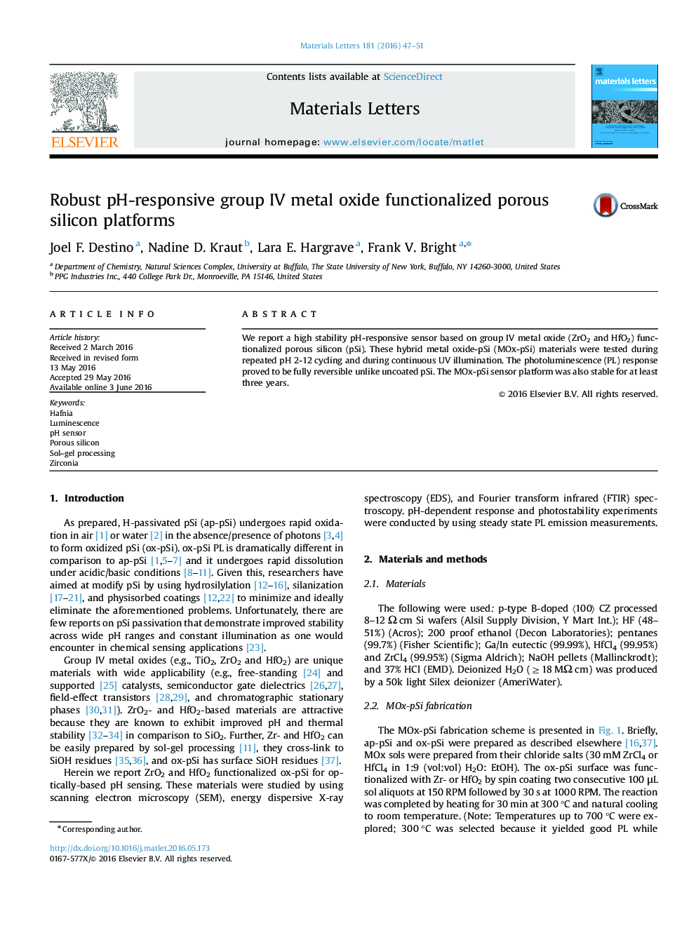 عکس صفحه اول مقاله: Robust pH-responsive group IV metal oxide functionalized porous silicon platforms Robust pH-responsive group IV metal oxide functionalized porous silicon platforms
