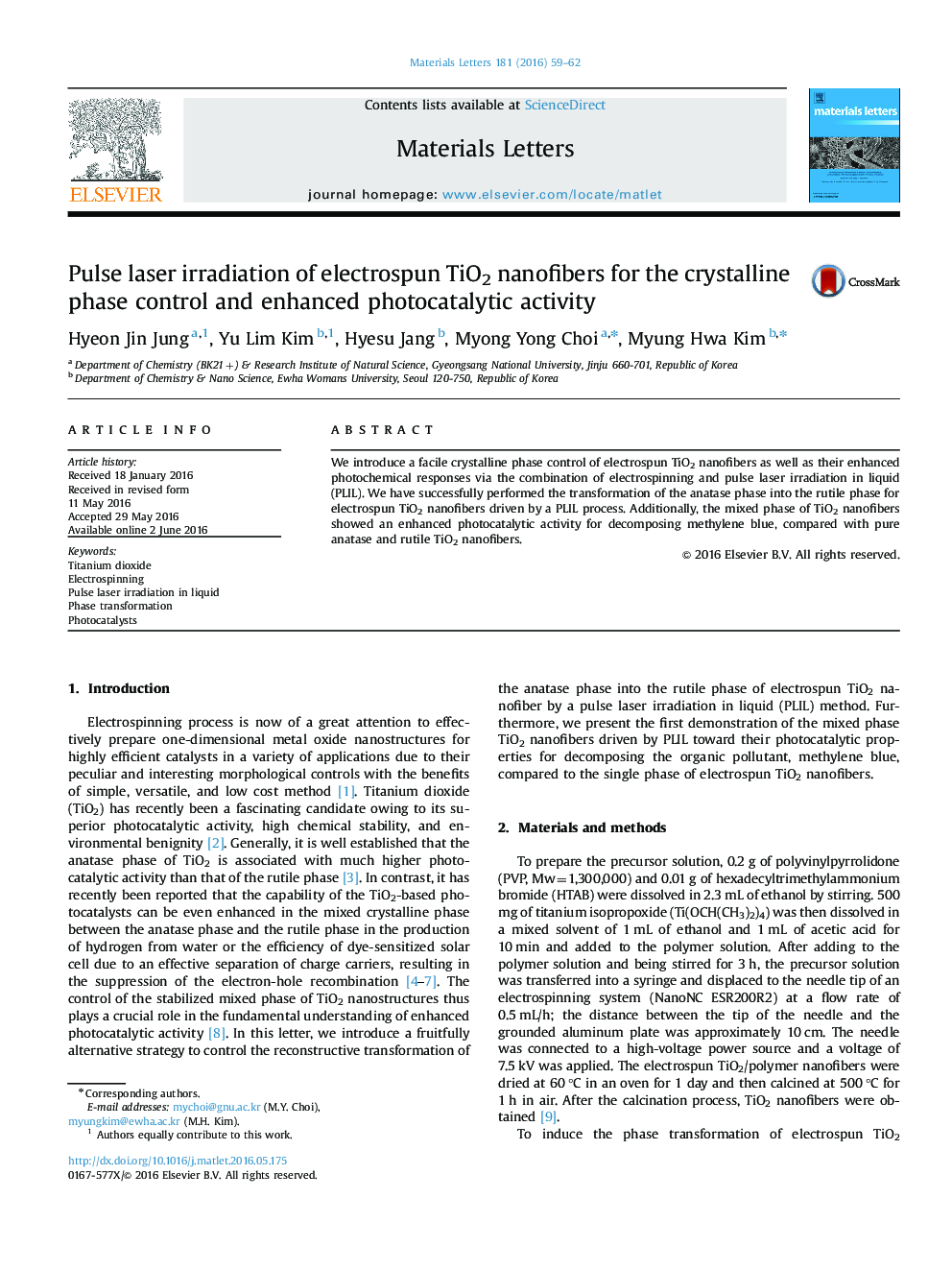 Pulse laser irradiation of electrospun TiO2 nanofibers for the crystalline phase control and enhanced photocatalytic activity