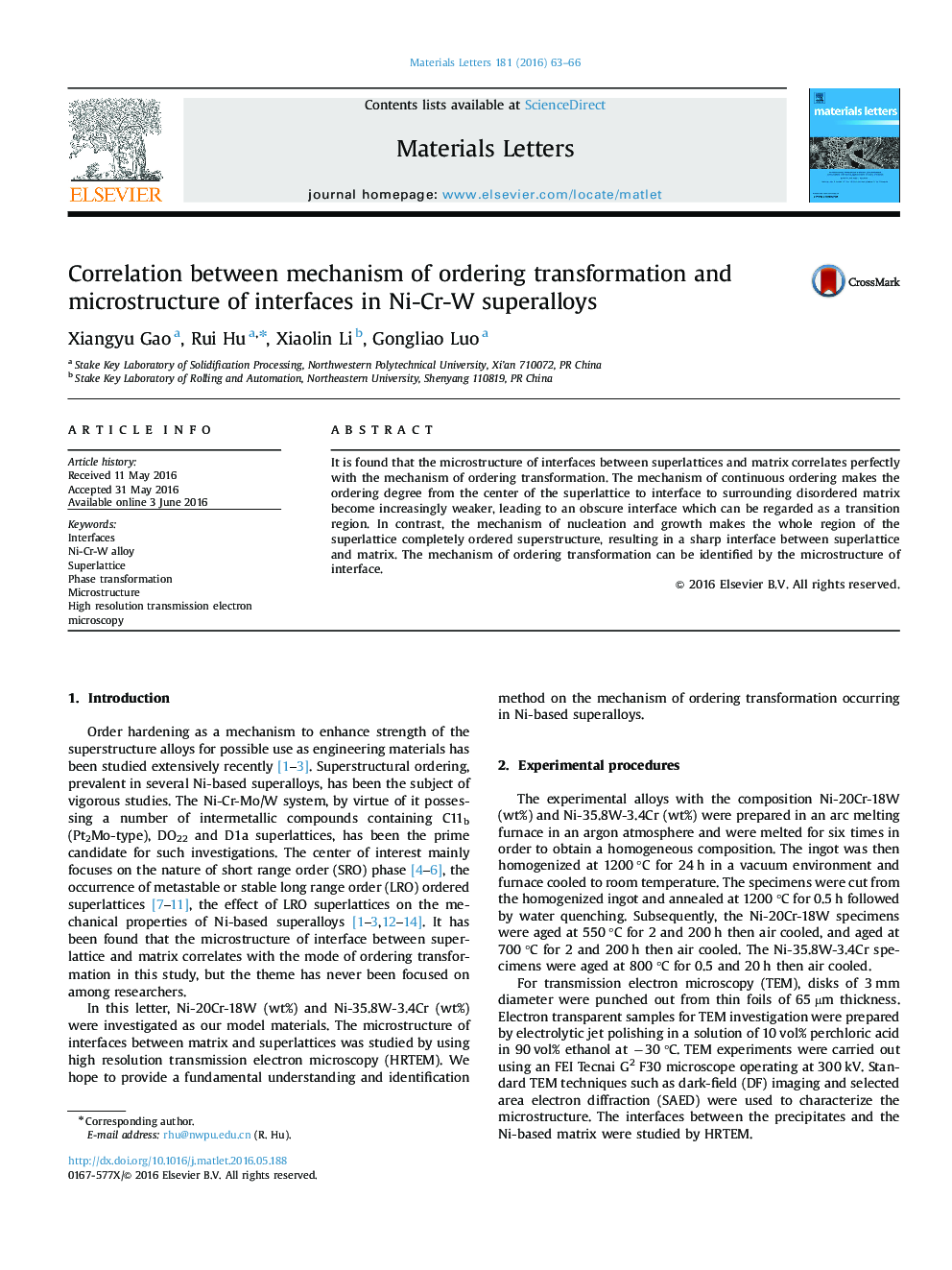 Correlation between mechanism of ordering transformation and microstructure of interfaces in Ni-Cr-W superalloys