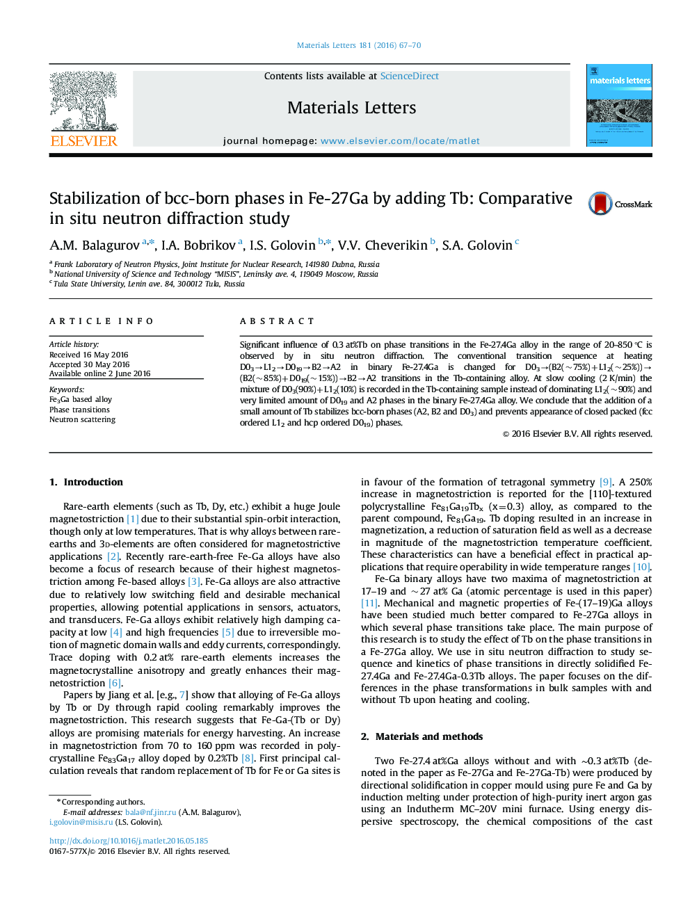 Stabilization of bcc-born phases in Fe-27Ga by adding Tb: Comparative in situ neutron diffraction study