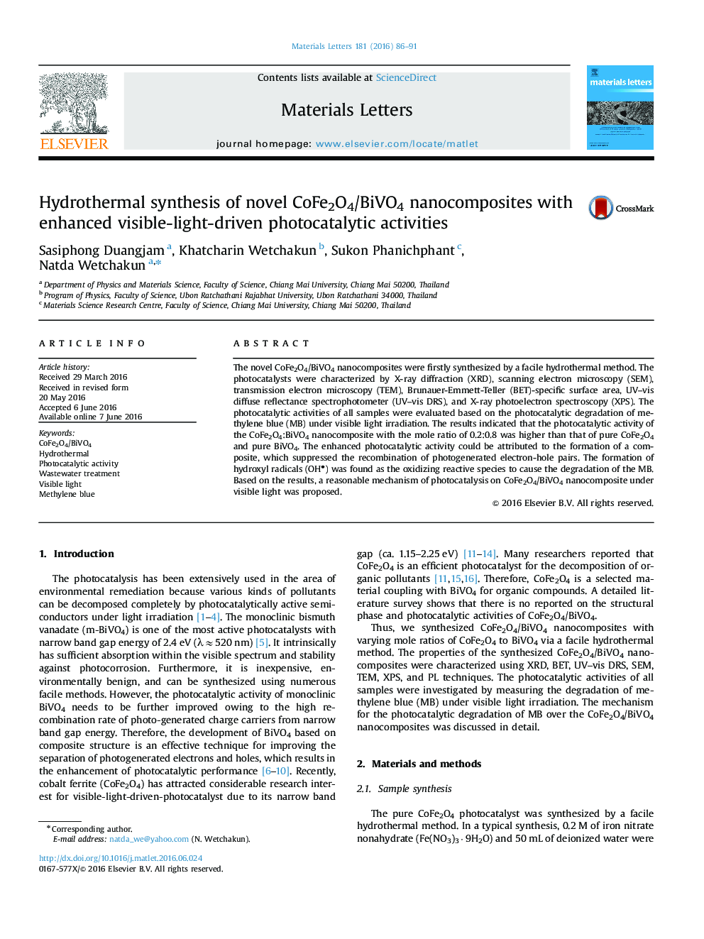 Hydrothermal synthesis of novel CoFe2O4/BiVO4 nanocomposites with enhanced visible-light-driven photocatalytic activities