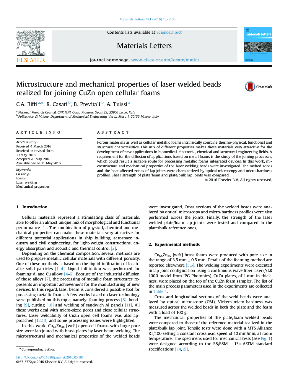 Microstructure and mechanical properties of laser welded beads realized for joining CuZn open cellular foams