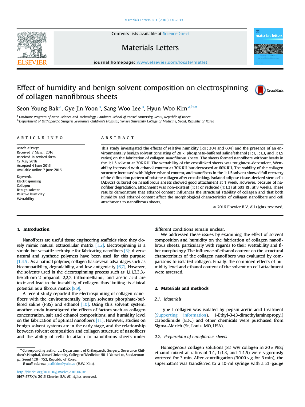 Effect of humidity and benign solvent composition on electrospinning of collagen nanofibrous sheets