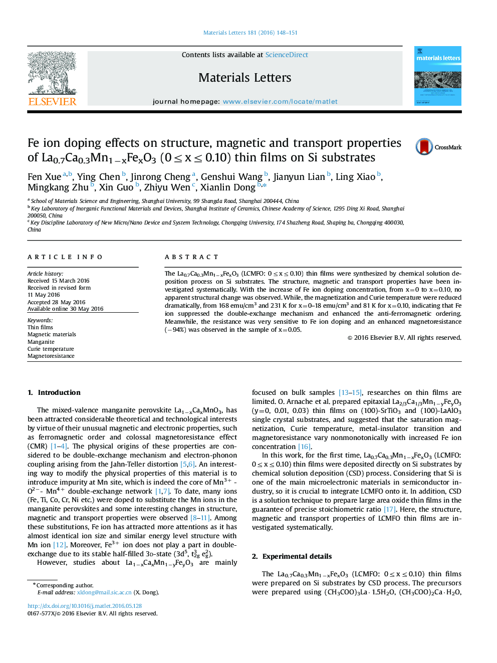 Fe ion doping effects on structure, magnetic and transport properties of La0.7Ca0.3Mn1âxFexO3 (0â¤xâ¤0.10) thin films on Si substrates