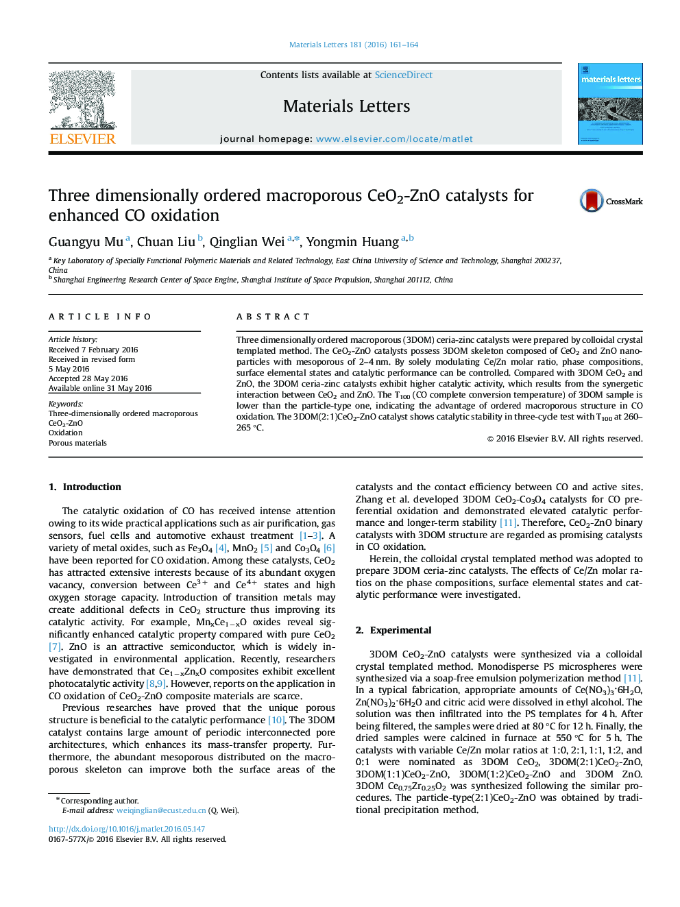 Three dimensionally ordered macroporous CeO2-ZnO catalysts for enhanced CO oxidation
