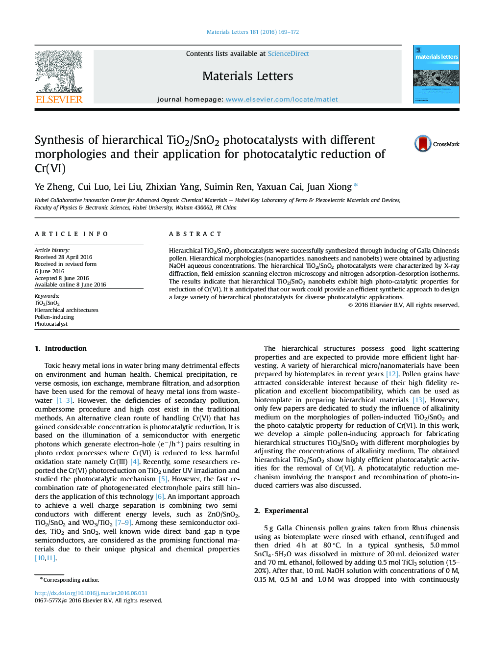 Synthesis of hierarchical TiO2/SnO2 photocatalysts with different morphologies and their application for photocatalytic reduction of Cr(VI)