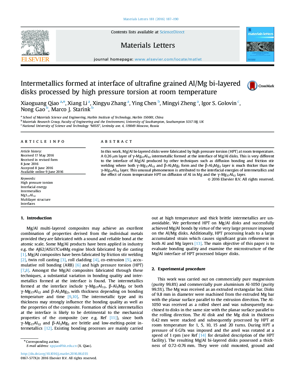 Intermetallics formed at interface of ultrafine grained Al/Mg bi-layered disks processed by high pressure torsion at room temperature