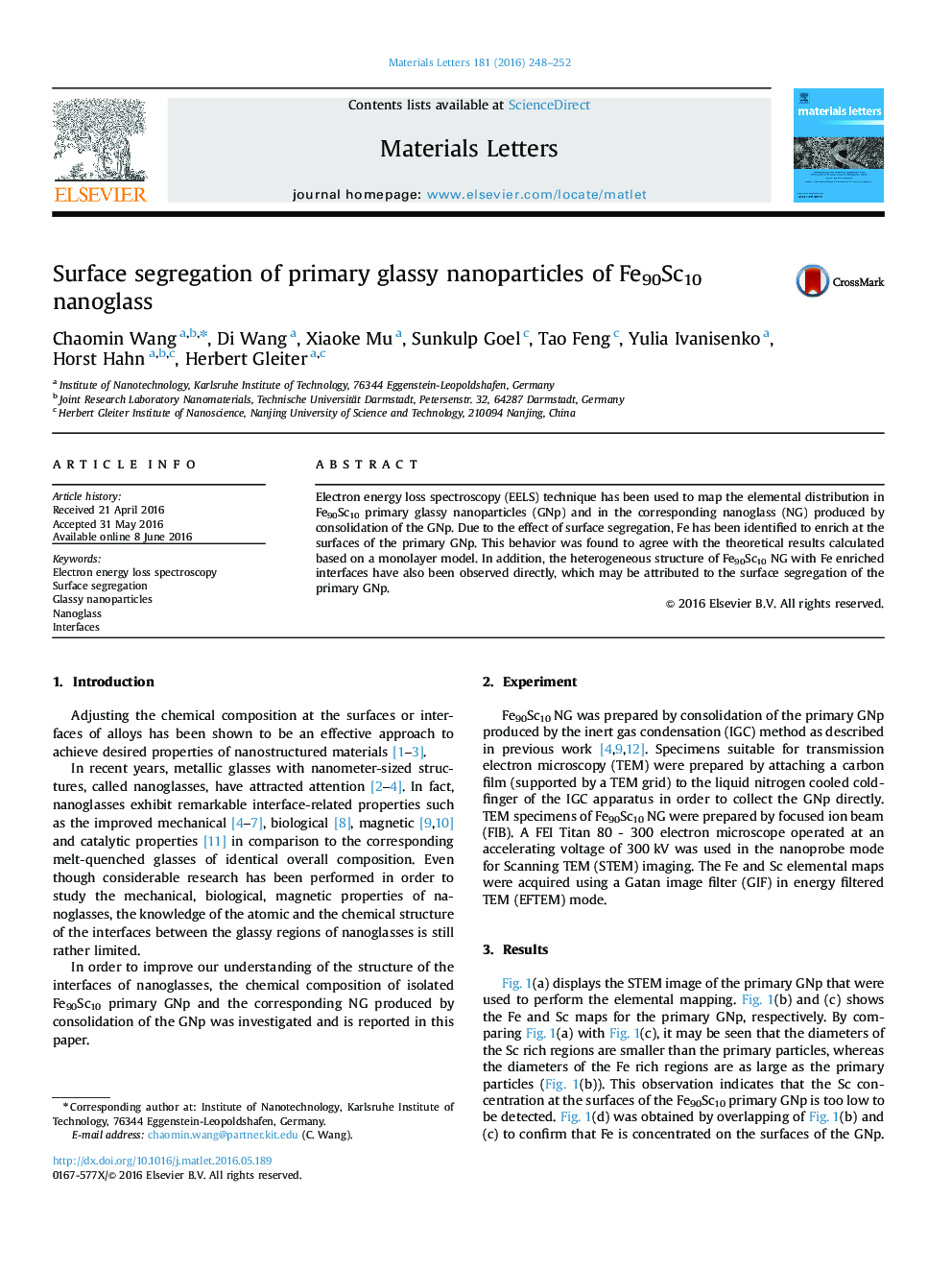 Surface segregation of primary glassy nanoparticles of Fe90Sc10 nanoglass