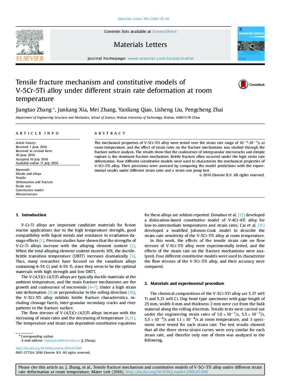 Tensile fracture mechanism and constitutive models of V-5Cr-5Ti alloy under different strain rate deformation at room temperature