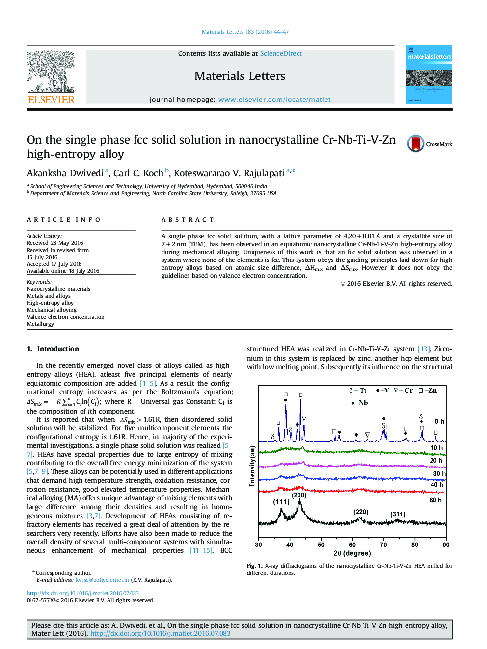 On the single phase fcc solid solution in nanocrystalline Cr-Nb-Ti-V-Zn high-entropy alloy