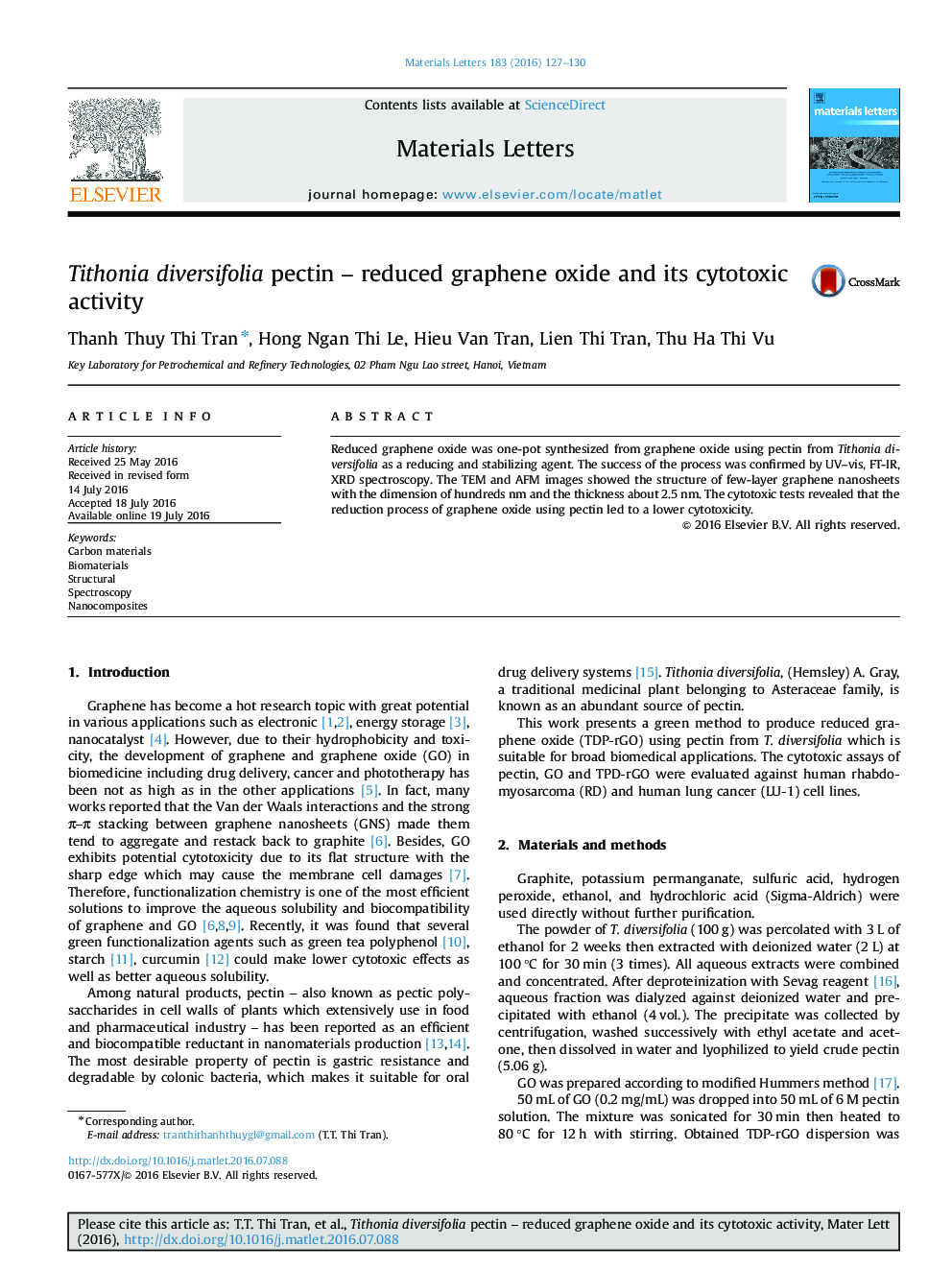 Tithonia diversifolia pectin – reduced graphene oxide and its cytotoxic activity