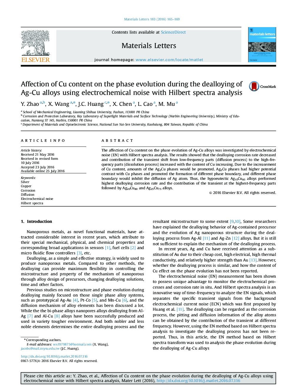 Affection of Cu content on the phase evolution during the dealloying of Ag-Cu alloys using electrochemical noise with Hilbert spectra analysis