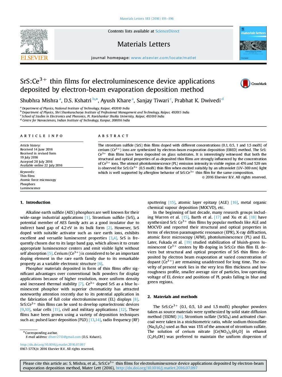 SrS:Ce3+ thin films for electroluminescence device applications deposited by electron-beam evaporation deposition method