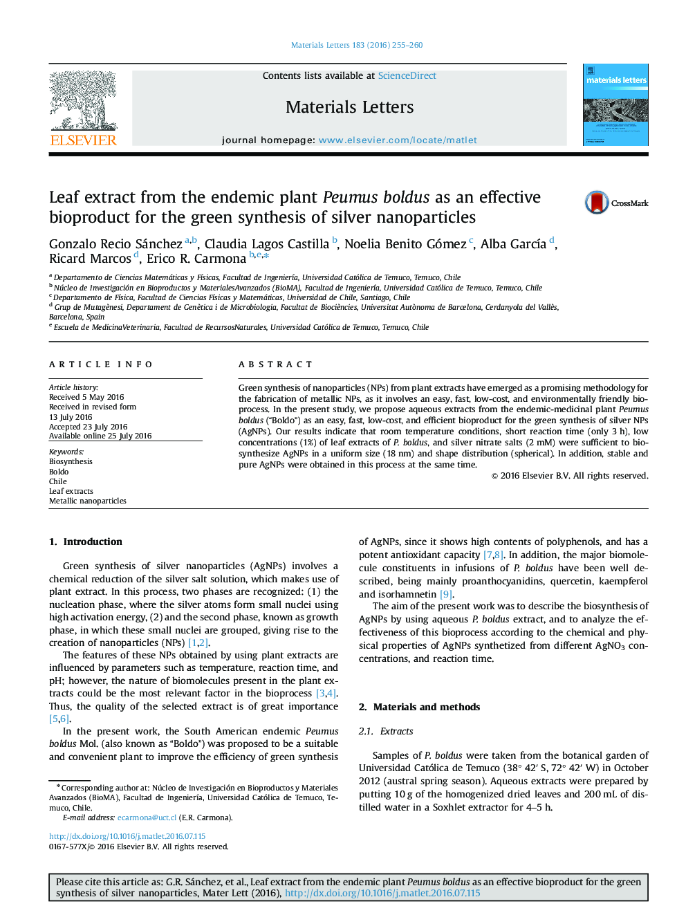 Leaf extract from the endemic plant Peumus boldus as an effective bioproduct for the green synthesis of silver nanoparticles