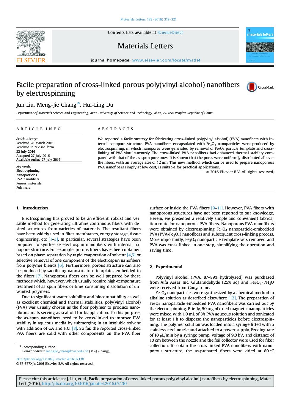 Facile preparation of cross-linked porous poly(vinyl alcohol) nanofibers by electrospinning