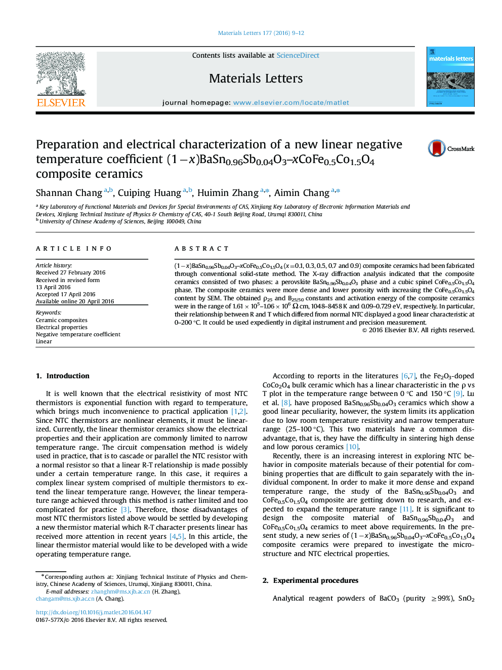 Preparation and electrical characterization of a new linear negative temperature coefficient (1−x)BaSn0.96Sb0.04O3–xCoFe0.5Co1.5O4 composite ceramics