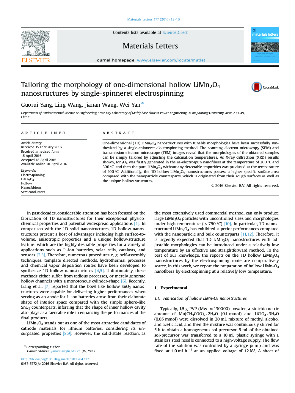 Tailoring the morphology of one-dimensional hollow LiMn2O4 nanostructures by single-spinneret electrospinning