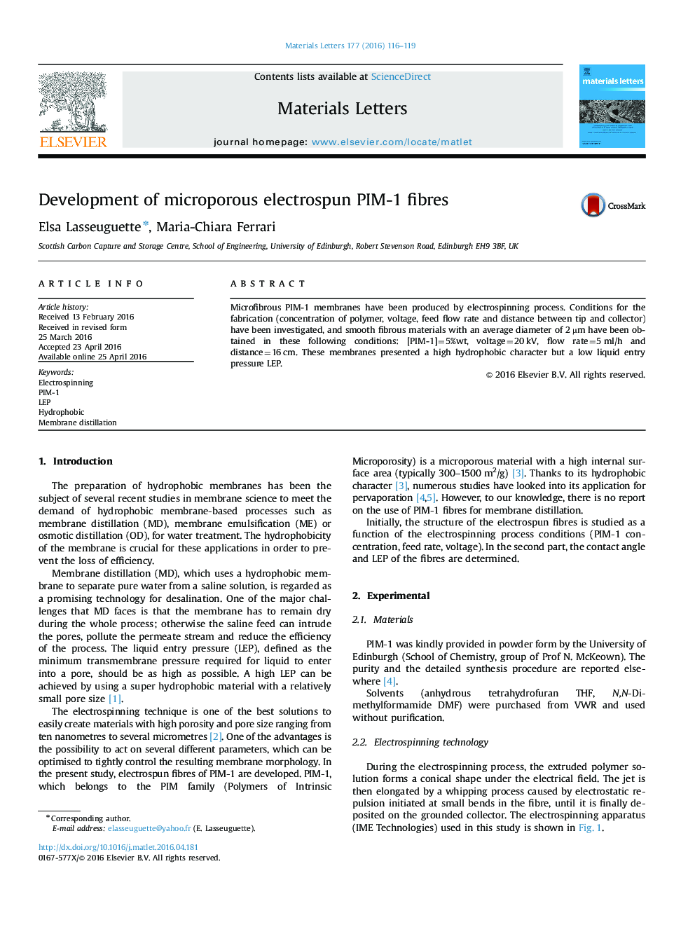 Development of microporous electrospun PIM-1 fibres