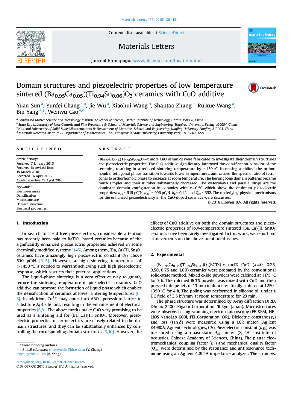 Domain structures and piezoelectric properties of low-temperature sintered (Ba0.95Ca0.05)(Ti0.94Sn0.06)O3 ceramics with CuO additive