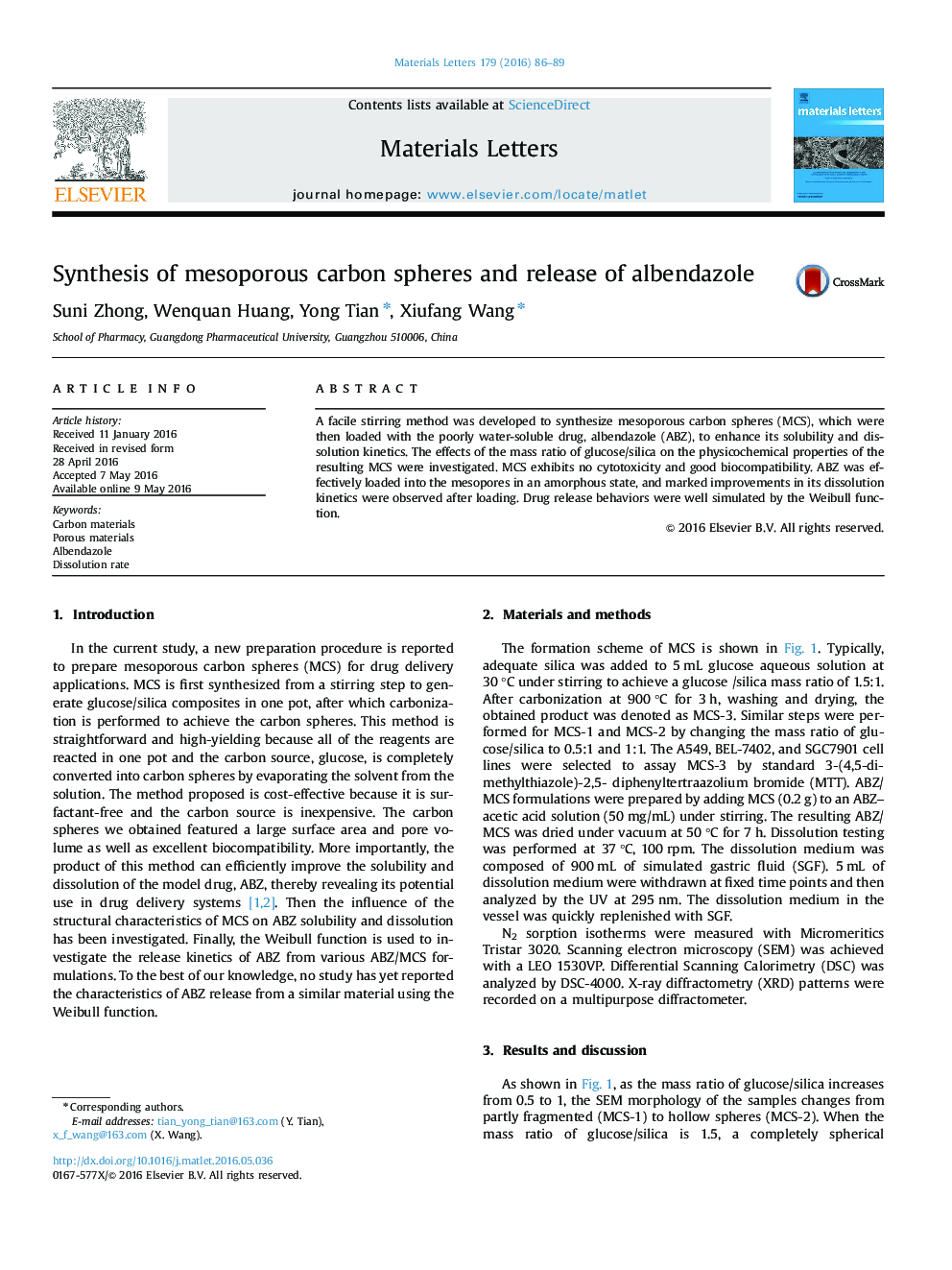 Synthesis of mesoporous carbon spheres and release of albendazole