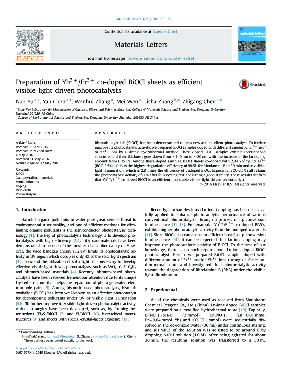 Preparation of Yb3+/Er3+ co-doped BiOCl sheets as efficient visible-light-driven photocatalysts