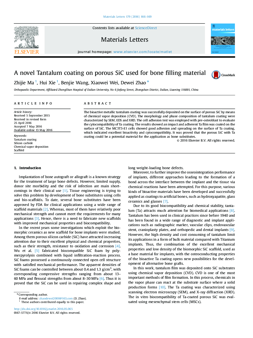 A novel Tantalum coating on porous SiC used for bone filling material
