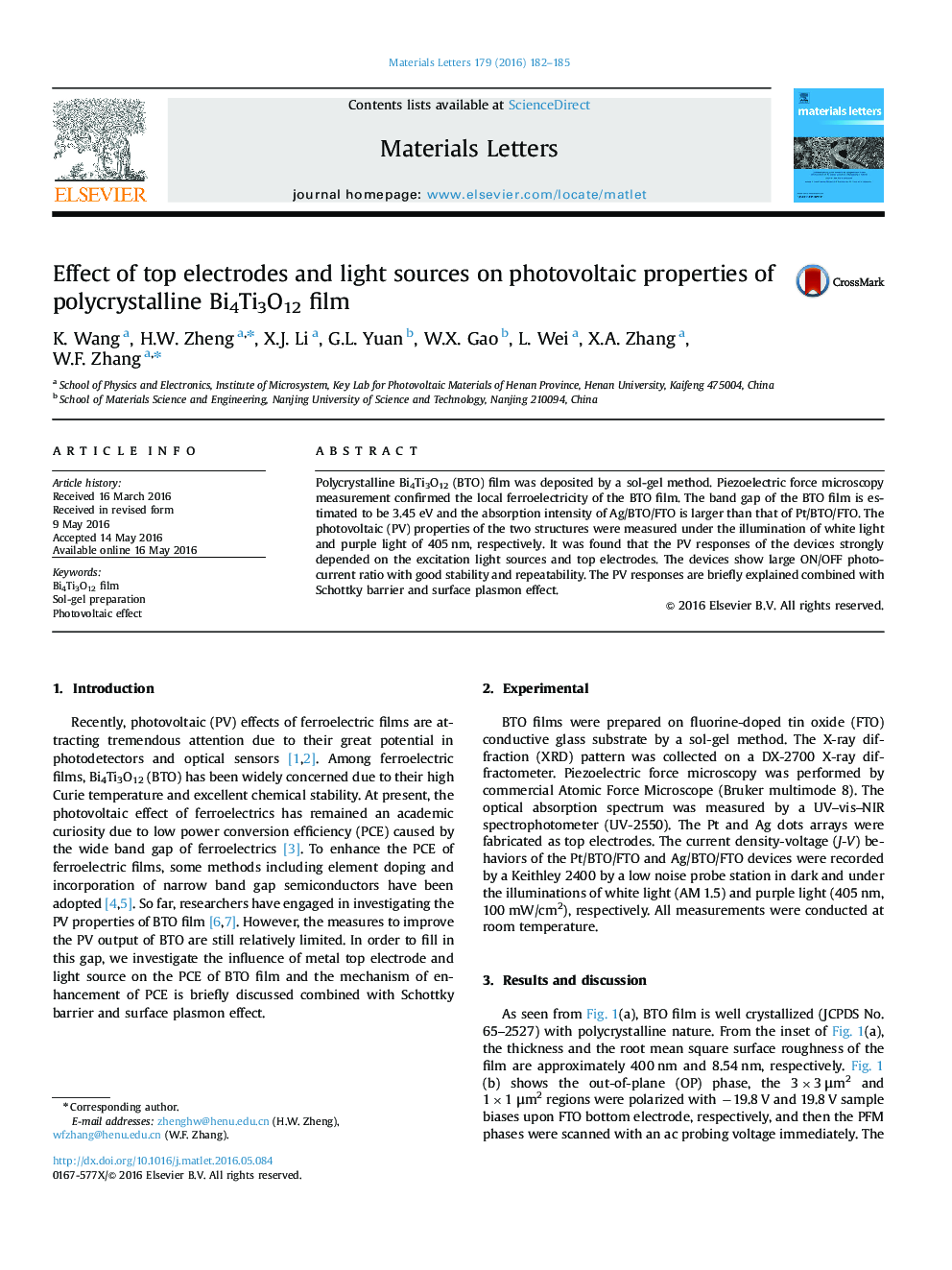 Effect of top electrodes and light sources on photovoltaic properties of polycrystalline Bi4Ti3O12 film