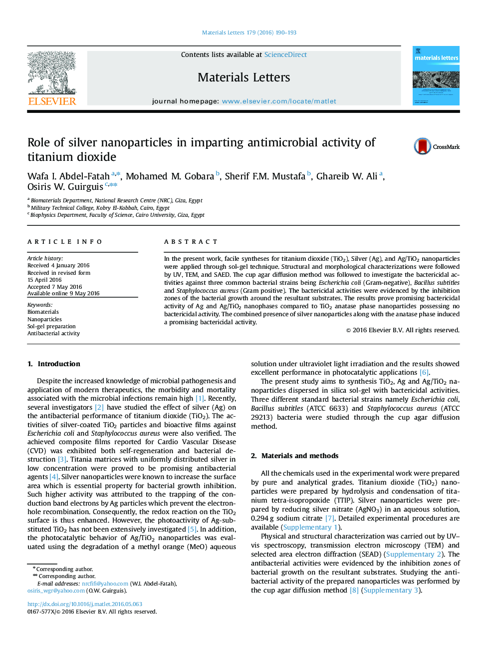 Role of silver nanoparticles in imparting antimicrobial activity of titanium dioxide