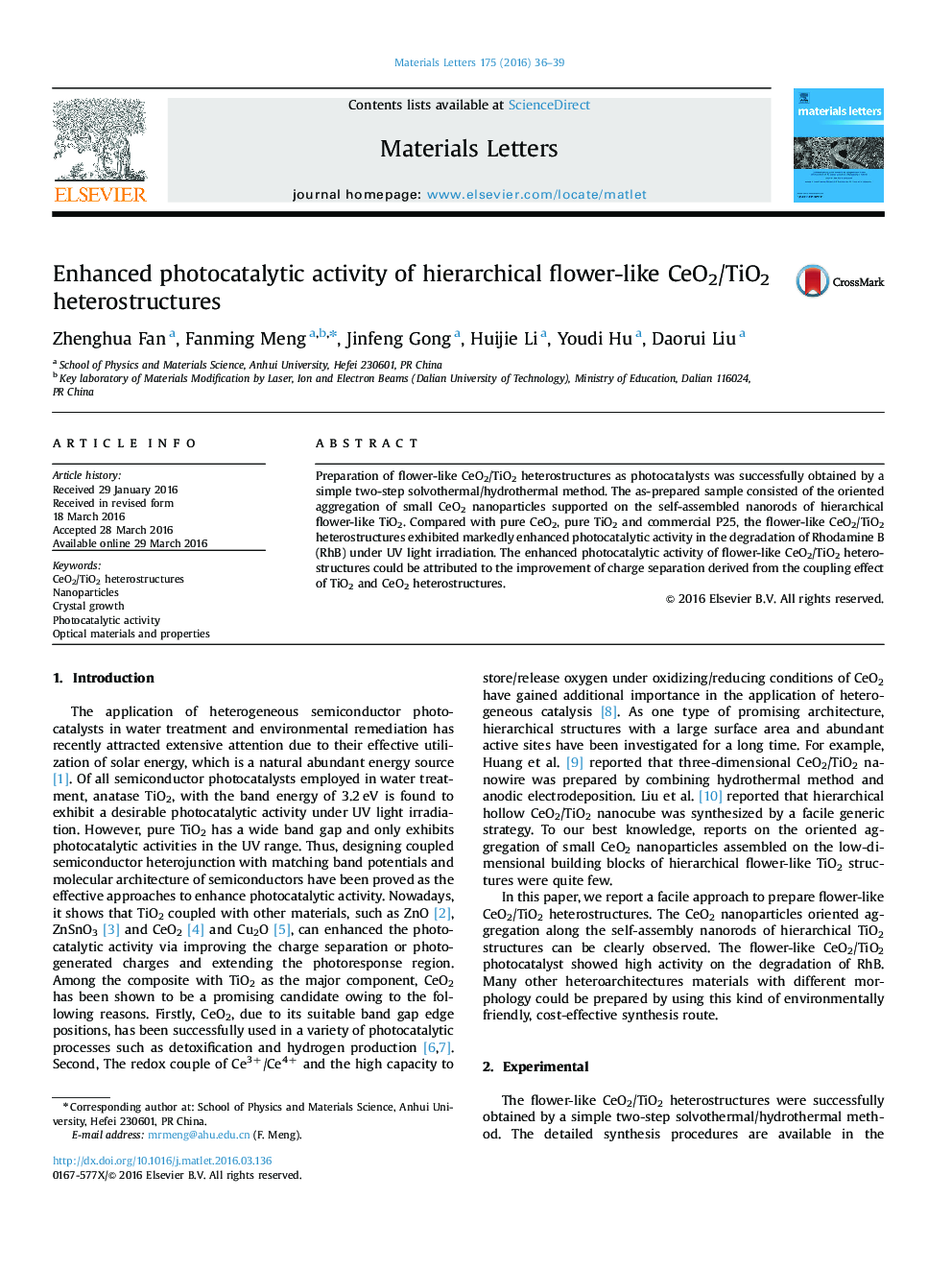 Enhanced photocatalytic activity of hierarchical flower-like CeO2/TiO2 heterostructures