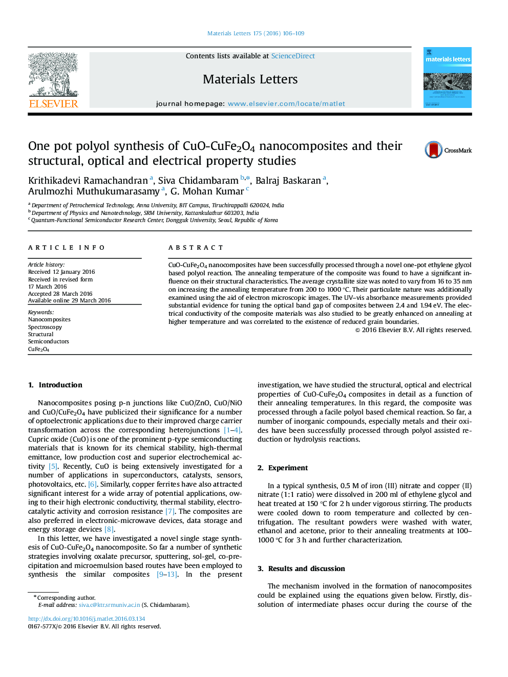 One pot polyol synthesis of CuO-CuFe2O4 nanocomposites and their structural, optical and electrical property studies