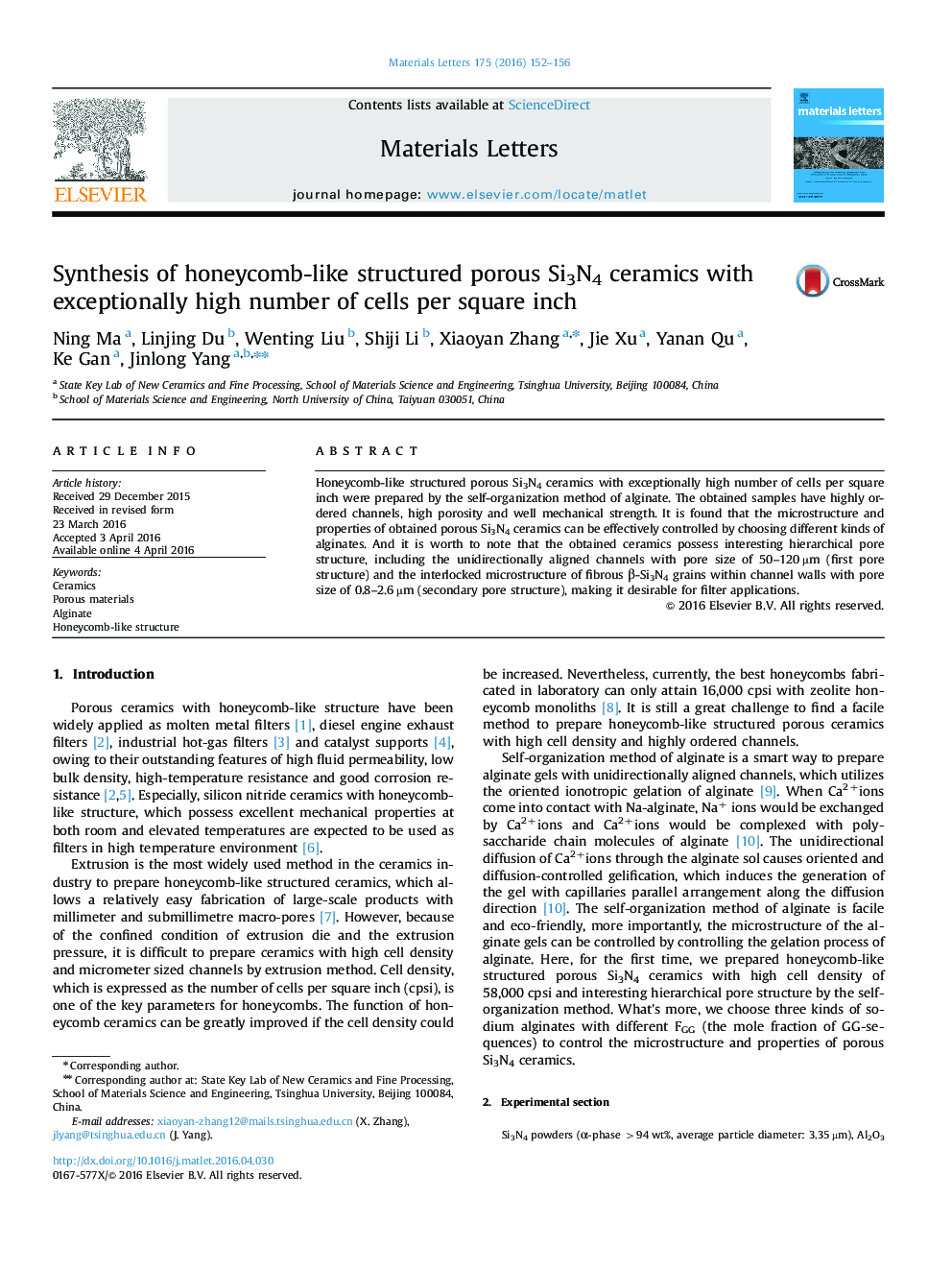 Synthesis of honeycomb-like structured porous Si3N4 ceramics with exceptionally high number of cells per square inch