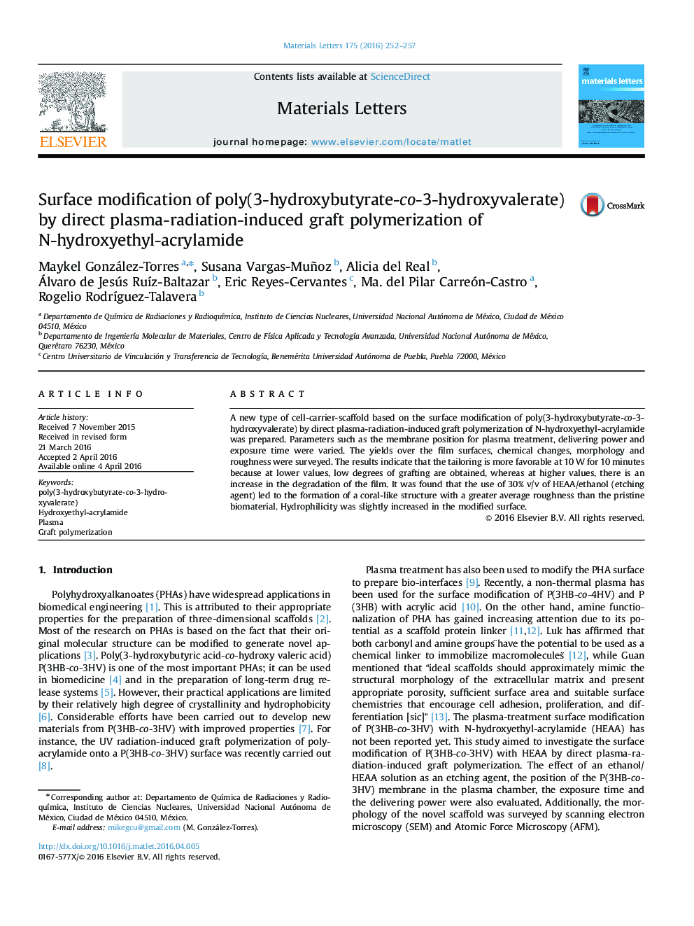 Surface modification of poly(3-hydroxybutyrate-co-3-hydroxyvalerate) by direct plasma-radiation-induced graft polymerization of N-hydroxyethyl-acrylamide